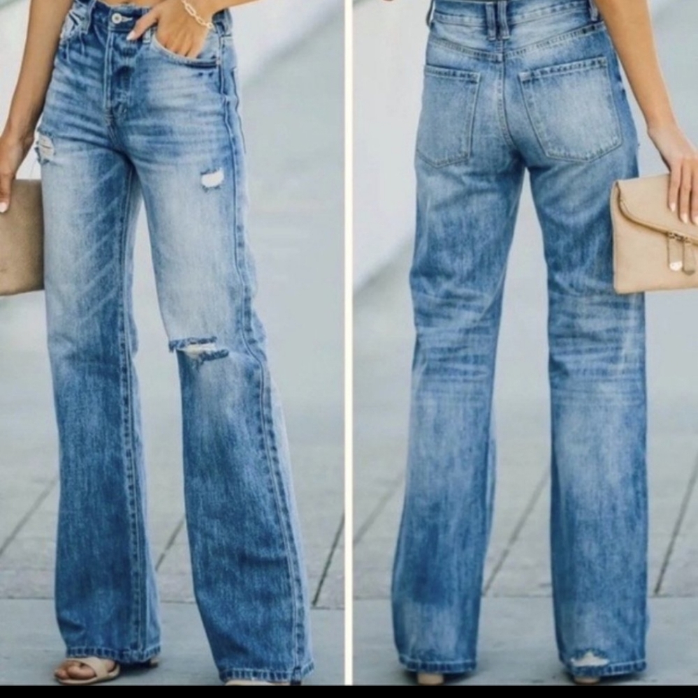 KanCan 1990s Wide Leg Jeans Med Wash High Rise Denim
